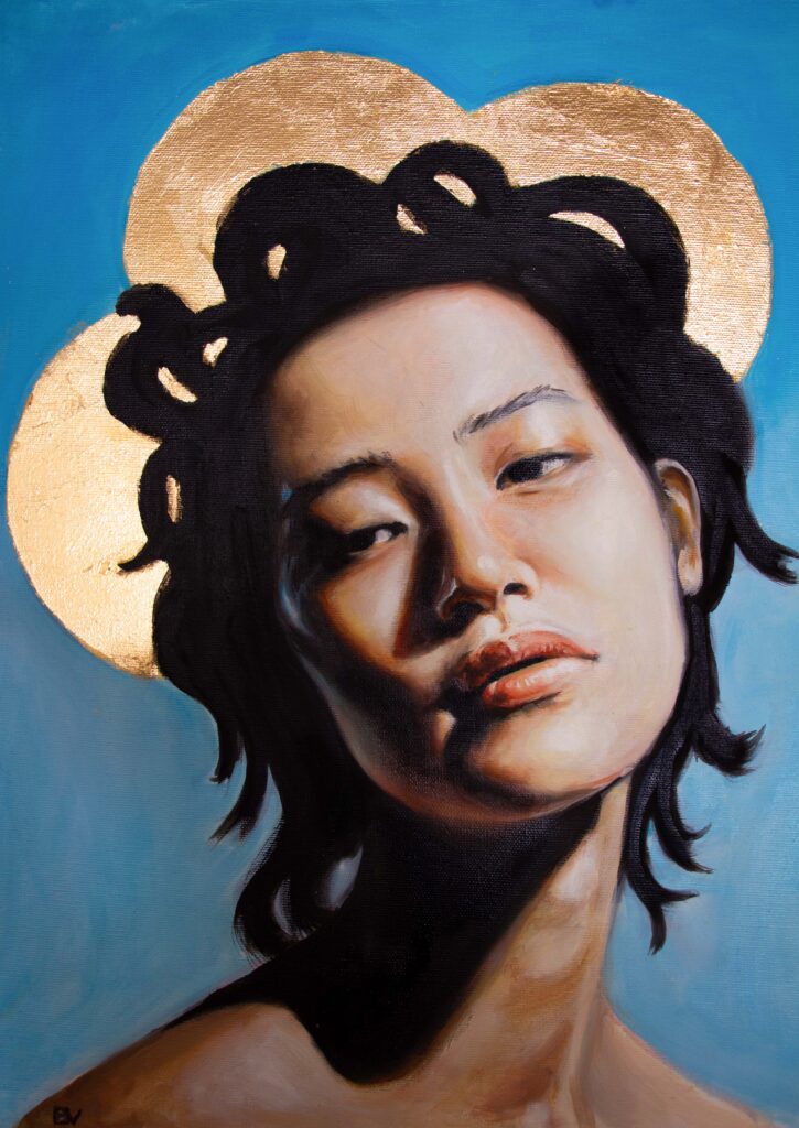 Retrato al oleo con oro de mujer asiática