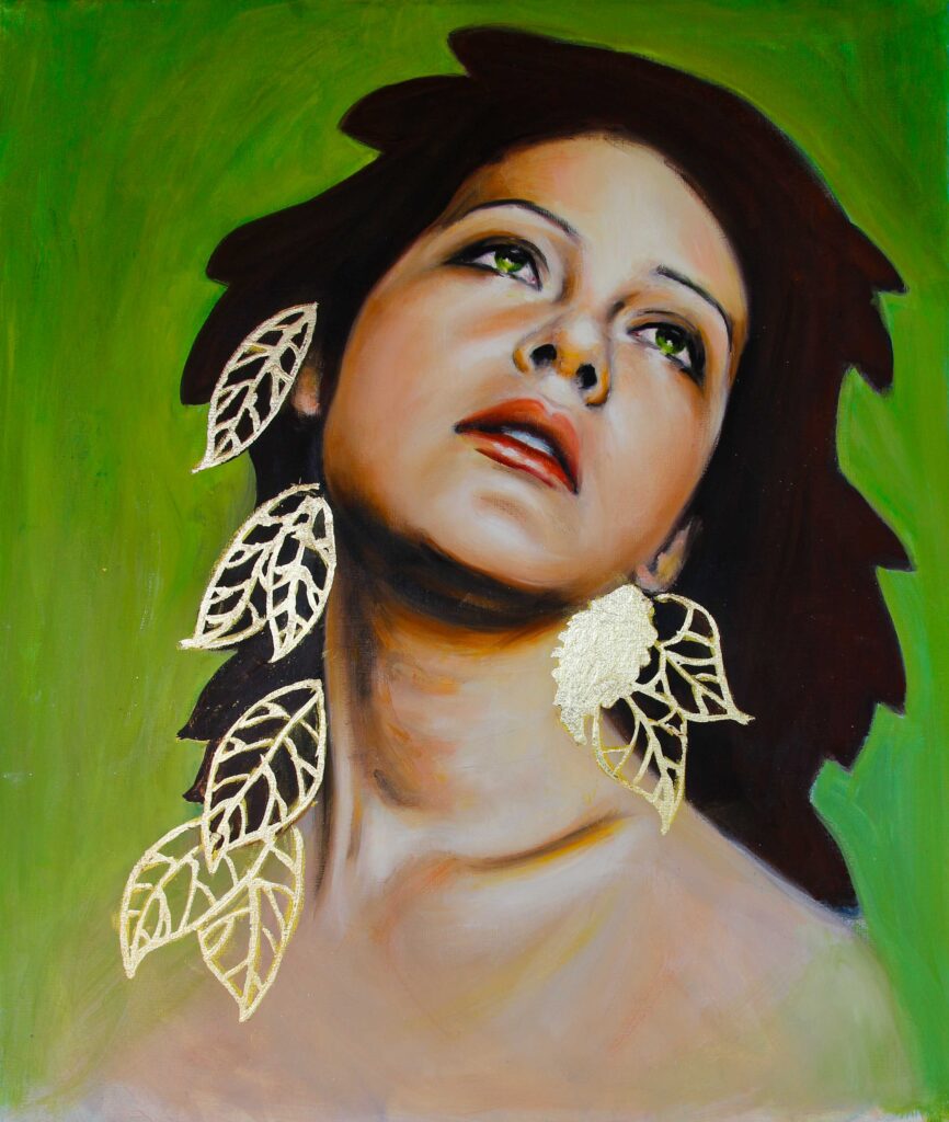 Retreto de una mujer sobre un fondo verde, temática forestal